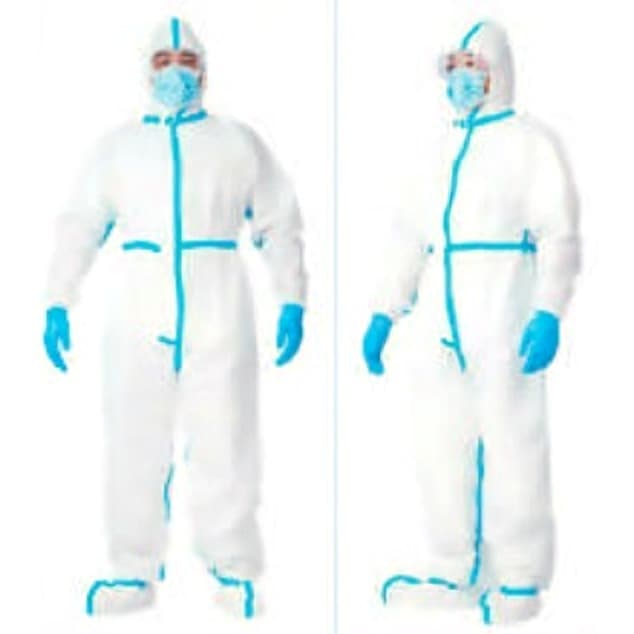 White disposable protective coverall with hood and blue taped seams