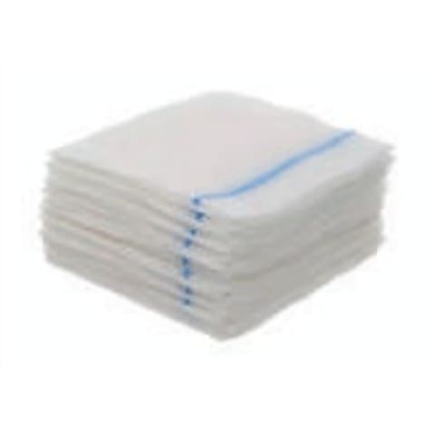 Stack of folded gauze swabs with blue X-ray detectable line