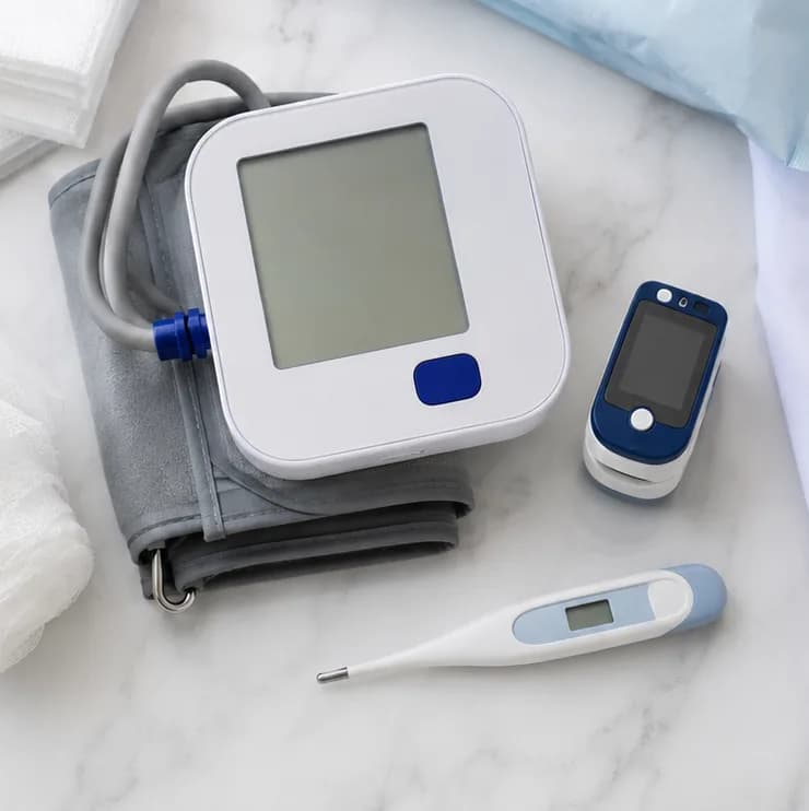 Blood pressure monitor, pulse oximeter and digital thermometer on a marble surface