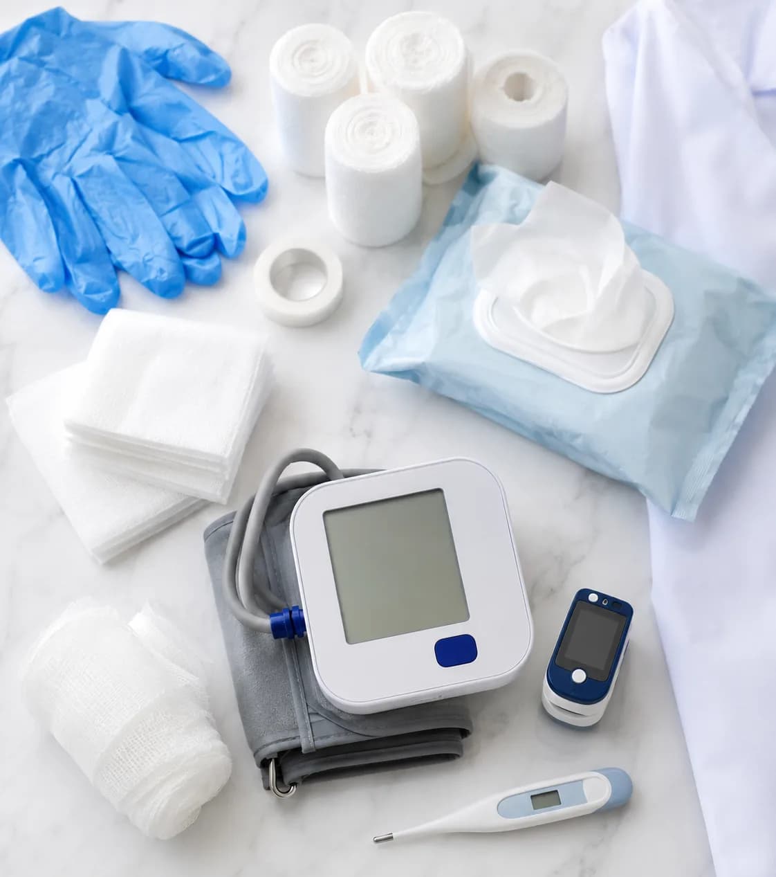 Medical supplies flat-lay: gloves, gauze, wet wipes and home diagnostic devices