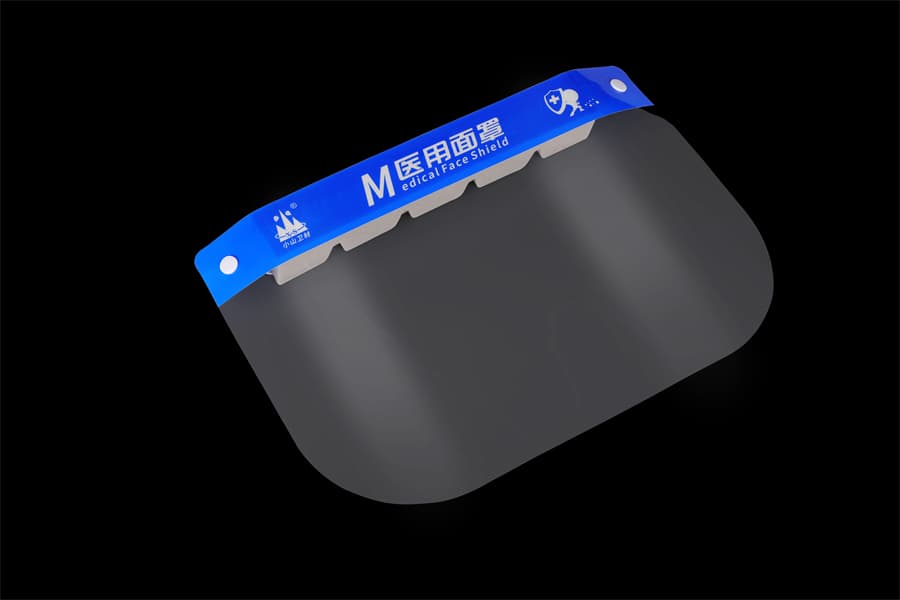 Disposable medical face shield with clear anti-fog visor and blue foam headband