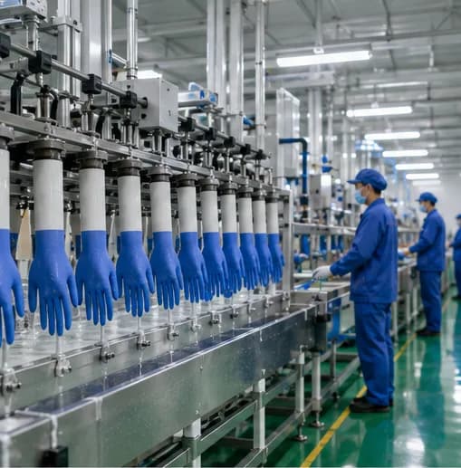 Blue nitrile gloves on a qualified production line