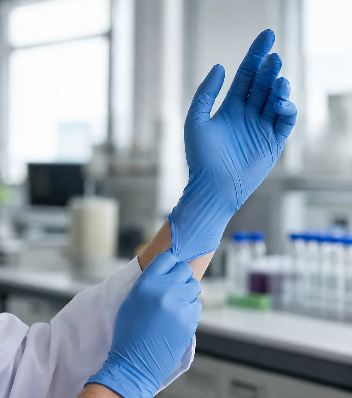 Blue nitrile examination gloves